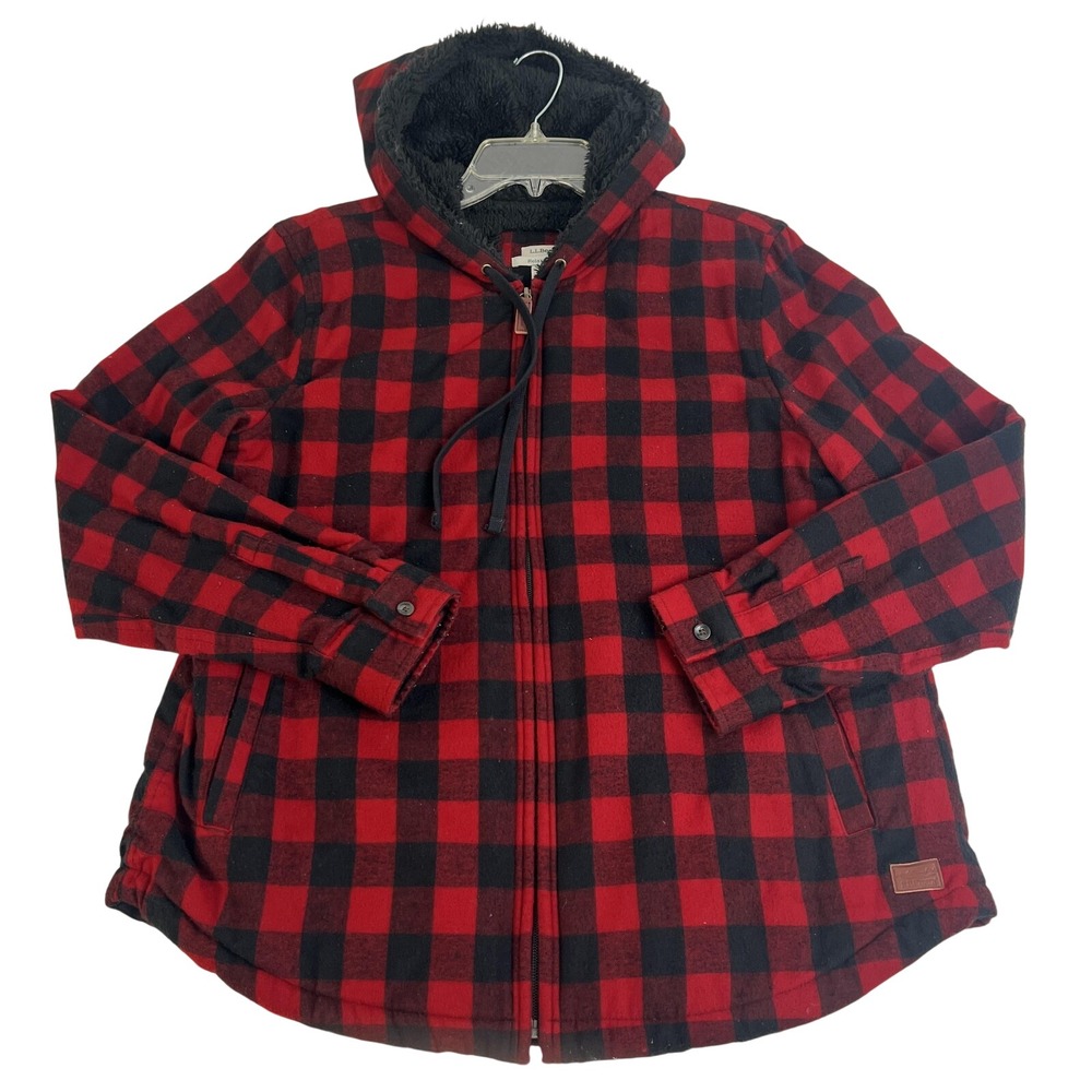 LL Bean Jacket Womens M Red Black Buffalo Plaid Flannel Sherpa Lined Hood‎ Parka